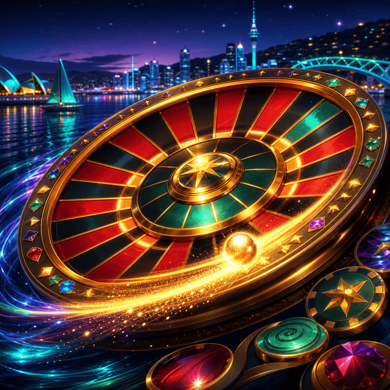 Harbour Wheel game art with a glowing roulette-inspired wheel and harbour lights