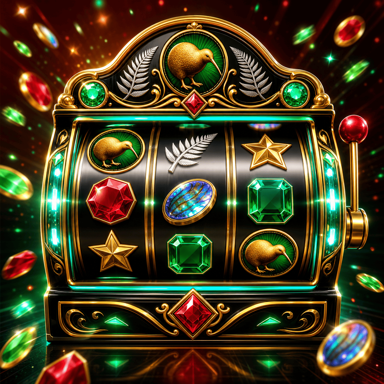 Kiwi Reels game art with glowing slot reels and New Zealand-inspired symbols